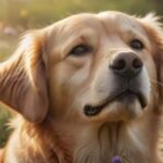 Heuschnupfen beim Hund: So helfen Sie Ihrem Hund bei Pollenallergie! Hyperrealistic close-up of a golden retriever dog, its paw gently scratching its ear, conveying mild discomfort from allergies. Soft, warm sunlight filters through a vibrant, out-of-focus spring meadow with blooming wildflowers and visible pollen haze in the air. Photorealistic detail, natural textures, perfect anatomy, no text.