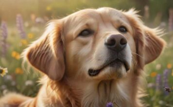 Heuschnupfen beim Hund: So helfen Sie Ihrem Hund bei Pollenallergie! Hyperrealistic close-up of a golden retriever dog, its paw gently scratching its ear, conveying mild discomfort from allergies. Soft, warm sunlight filters through a vibrant, out-of-focus spring meadow with blooming wildflowers and visible pollen haze in the air. Photorealistic detail, natural textures, perfect anatomy, no text.