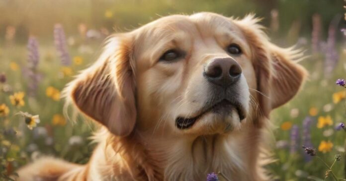Hyperrealistic close-up of a golden retriever dog, its paw gently scratching its ear, conveying mild discomfort from allergies. Soft, warm sunlight filters through a vibrant, out-of-focus spring meadow with blooming wildflowers and visible pollen haze in the air. Photorealistic detail, natural textures, perfect anatomy, no text.