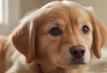 Hyperrealistic, photorealistic golden retriever puppy with a momentary hiccup expression. Close-up, soft natural light, cozy home environment, deep depth of field. Perfectly rendered, no text, no artifacts.