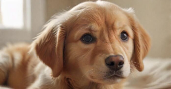 Hyperrealistic, photorealistic golden retriever puppy with a momentary hiccup expression. Close-up, soft natural light, cozy home environment, deep depth of field. Perfectly rendered, no text, no artifacts.