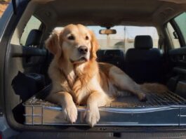 A hyperrealistic, wide-angle photograph inside the spacious trunk of a modern SUV. A well-secured Golden Retriever dog rests calmly inside a sturdy, crash-tested metal transport crate. Natural daylight filters through the rear window, casting soft shadows and highlighting the dog's fur and the realistic textures of the car interior. Focus on impeccable detail, flawless anatomy, and dynamic composition. No text, letters, or logos anywhere.