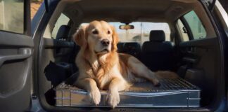A hyperrealistic, wide-angle photograph inside the spacious trunk of a modern SUV. A well-secured Golden Retriever dog rests calmly inside a sturdy, crash-tested metal transport crate. Natural daylight filters through the rear window, casting soft shadows and highlighting the dog's fur and the realistic textures of the car interior. Focus on impeccable detail, flawless anatomy, and dynamic composition. No text, letters, or logos anywhere.