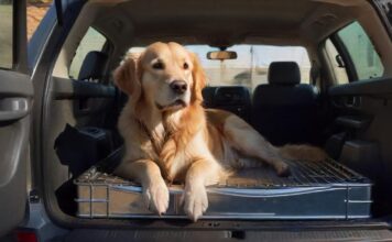 Hund im Auto: Diese Gesetze zur Sicherung müssen Sie kennen! A hyperrealistic, wide-angle photograph inside the spacious trunk of a modern SUV. A well-secured Golden Retriever dog rests calmly inside a sturdy, crash-tested metal transport crate. Natural daylight filters through the rear window, casting soft shadows and highlighting the dog's fur and the realistic textures of the car interior. Focus on impeccable detail, flawless anatomy, and dynamic composition. No text, letters, or logos anywhere.