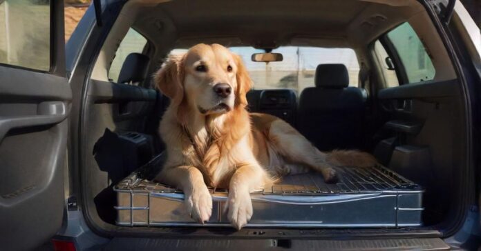 A hyperrealistic, wide-angle photograph inside the spacious trunk of a modern SUV. A well-secured Golden Retriever dog rests calmly inside a sturdy, crash-tested metal transport crate. Natural daylight filters through the rear window, casting soft shadows and highlighting the dog's fur and the realistic textures of the car interior. Focus on impeccable detail, flawless anatomy, and dynamic composition. No text, letters, or logos anywhere.
