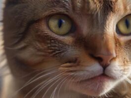 Hyperrealistic, photorealistic extreme close-up of an adult domestic short-haired cat, with a concerned and slightly uncomfortable expression. A subtle, clear drop of glistening saliva hangs from its lower lip. Intense focus on the cat's detailed whiskers, wet nose, and expressive eyes. Natural, soft ambient light, shallow depth of field. High-resolution, professional studio photography style. No text, no artifacts.