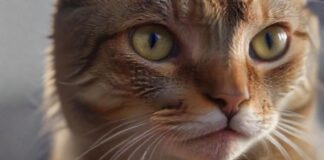 Hyperrealistic, photorealistic extreme close-up of an adult domestic short-haired cat, with a concerned and slightly uncomfortable expression. A subtle, clear drop of glistening saliva hangs from its lower lip. Intense focus on the cat's detailed whiskers, wet nose, and expressive eyes. Natural, soft ambient light, shallow depth of field. High-resolution, professional studio photography style. No text, no artifacts.