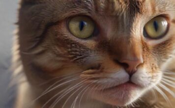 Hyperrealistic, photorealistic extreme close-up of an adult domestic short-haired cat, with a concerned and slightly uncomfortable expression. A subtle, clear drop of glistening saliva hangs from its lower lip. Intense focus on the cat's detailed whiskers, wet nose, and expressive eyes. Natural, soft ambient light, shallow depth of field. High-resolution, professional studio photography style. No text, no artifacts.