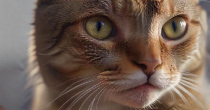 Hyperrealistic, photorealistic extreme close-up of an adult domestic short-haired cat, with a concerned and slightly uncomfortable expression. A subtle, clear drop of glistening saliva hangs from its lower lip. Intense focus on the cat's detailed whiskers, wet nose, and expressive eyes. Natural, soft ambient light, shallow depth of field. High-resolution, professional studio photography style. No text, no artifacts.
