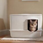 A hyperrealistic photograph of a sleek, modern covered cat litter box in a pristine, well-lit home environment. A beautiful, fluffy domestic cat, with detailed fur, gently peers from the entrance, conveying privacy and comfort. Focus on realistic textures, soft shadows, and clean lines. No text or letters.