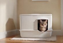A hyperrealistic photograph of a sleek, modern covered cat litter box in a pristine, well-lit home environment. A beautiful, fluffy domestic cat, with detailed fur, gently peers from the entrance, conveying privacy and comfort. Focus on realistic textures, soft shadows, and clean lines. No text or letters.