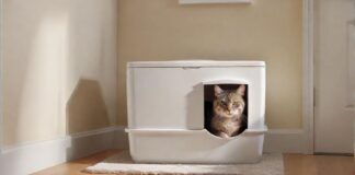 A hyperrealistic photograph of a sleek, modern covered cat litter box in a pristine, well-lit home environment. A beautiful, fluffy domestic cat, with detailed fur, gently peers from the entrance, conveying privacy and comfort. Focus on realistic textures, soft shadows, and clean lines. No text or letters.