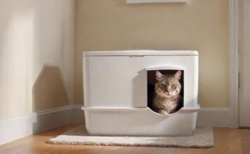 A hyperrealistic photograph of a sleek, modern covered cat litter box in a pristine, well-lit home environment. A beautiful, fluffy domestic cat, with detailed fur, gently peers from the entrance, conveying privacy and comfort. Focus on realistic textures, soft shadows, and clean lines. No text or letters.