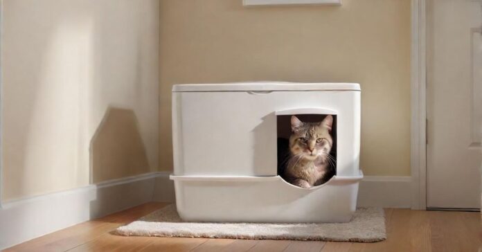 A hyperrealistic photograph of a sleek, modern covered cat litter box in a pristine, well-lit home environment. A beautiful, fluffy domestic cat, with detailed fur, gently peers from the entrance, conveying privacy and comfort. Focus on realistic textures, soft shadows, and clean lines. No text or letters.