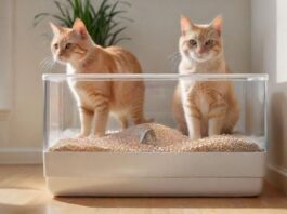 Hyperrealistic photograph of a pristine, modern cat litter box in a bright, clean domestic setting. Clear glass containers display different cat litter types: fine clumping clay, sparkling silica gel, and light wood pellets. A sleek, healthy cat gracefully approaches the box. Natural sunlight illuminates textures and details. Ultra-high resolution, sharp focus, no text or words anywhere.