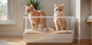 Hyperrealistic photograph of a pristine, modern cat litter box in a bright, clean domestic setting. Clear glass containers display different cat litter types: fine clumping clay, sparkling silica gel, and light wood pellets. A sleek, healthy cat gracefully approaches the box. Natural sunlight illuminates textures and details. Ultra-high resolution, sharp focus, no text or words anywhere.