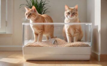 Katzenstreu im Test 2025: Welche Streu ist die Beste? Hyperrealistic photograph of a pristine, modern cat litter box in a bright, clean domestic setting. Clear glass containers display different cat litter types: fine clumping clay, sparkling silica gel, and light wood pellets. A sleek, healthy cat gracefully approaches the box. Natural sunlight illuminates textures and details. Ultra-high resolution, sharp focus, no text or words anywhere.
