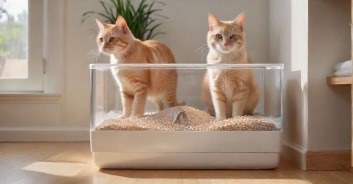Hyperrealistic photograph of a pristine, modern cat litter box in a bright, clean domestic setting. Clear glass containers display different cat litter types: fine clumping clay, sparkling silica gel, and light wood pellets. A sleek, healthy cat gracefully approaches the box. Natural sunlight illuminates textures and details. Ultra-high resolution, sharp focus, no text or words anywhere.