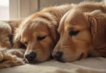 hyperrealistic close-up of a golden retriever dog resting peacefully on a soft blanket, eyes half-closed in deep relaxation. An owner's hand gently strokes its fur. Soft, warm natural light from a window illuminates the scene, highlighting textures. Serene, calm atmosphere. Photorealistic, no text.