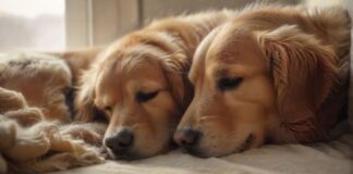 hyperrealistic close-up of a golden retriever dog resting peacefully on a soft blanket, eyes half-closed in deep relaxation. An owner's hand gently strokes its fur. Soft, warm natural light from a window illuminates the scene, highlighting textures. Serene, calm atmosphere. Photorealistic, no text.