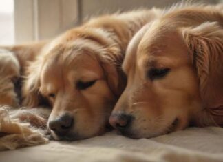 hyperrealistic close-up of a golden retriever dog resting peacefully on a soft blanket, eyes half-closed in deep relaxation. An owner's hand gently strokes its fur. Soft, warm natural light from a window illuminates the scene, highlighting textures. Serene, calm atmosphere. Photorealistic, no text.