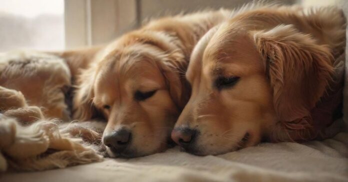 hyperrealistic close-up of a golden retriever dog resting peacefully on a soft blanket, eyes half-closed in deep relaxation. An owner's hand gently strokes its fur. Soft, warm natural light from a window illuminates the scene, highlighting textures. Serene, calm atmosphere. Photorealistic, no text.
