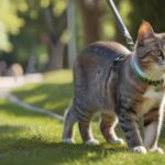 Mit der Katze an der Leine spazieren? So gewöhnen Sie sie ans Geschirr! Hyperrealistic photo of a sleek domestic cat comfortably walking on a leash with its owner in a sun-dappled park. The cat wears a modern, well-fitted harness, exploring lush green grass and distant trees. Shallow depth of field, natural lighting, sharp focus on the cat. No text, no artifacts.