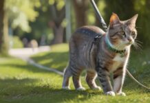 Hyperrealistic photo of a sleek domestic cat comfortably walking on a leash with its owner in a sun-dappled park. The cat wears a modern, well-fitted harness, exploring lush green grass and distant trees. Shallow depth of field, natural lighting, sharp focus on the cat. No text, no artifacts.