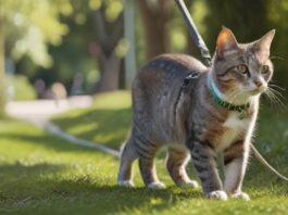 Hyperrealistic photo of a sleek domestic cat comfortably walking on a leash with its owner in a sun-dappled park. The cat wears a modern, well-fitted harness, exploring lush green grass and distant trees. Shallow depth of field, natural lighting, sharp focus on the cat. No text, no artifacts.