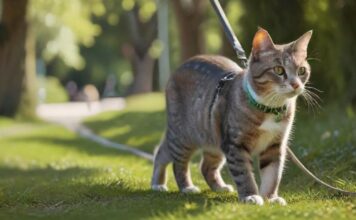 Hyperrealistic photo of a sleek domestic cat comfortably walking on a leash with its owner in a sun-dappled park. The cat wears a modern, well-fitted harness, exploring lush green grass and distant trees. Shallow depth of field, natural lighting, sharp focus on the cat. No text, no artifacts.