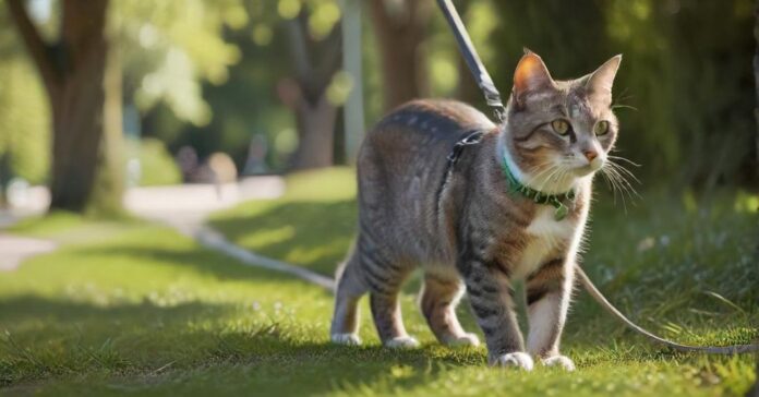 Hyperrealistic photo of a sleek domestic cat comfortably walking on a leash with its owner in a sun-dappled park. The cat wears a modern, well-fitted harness, exploring lush green grass and distant trees. Shallow depth of field, natural lighting, sharp focus on the cat. No text, no artifacts.