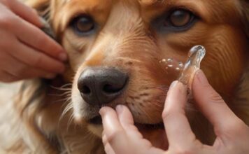 Ohrentropfen beim Hund verabreichen: Eine stressfreie Anleitung! hyperrealistic close-up photo: Gentle hands of a person carefully administering ear drops into a calm dog's ear. Soft natural light illuminates the scene, highlighting intricate fur texture and the clear liquid dropper. Shallow depth of field, warm tones, no text, no artifacts.