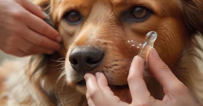 hyperrealistic close-up photo: Gentle hands of a person carefully administering ear drops into a calm dog's ear. Soft natural light illuminates the scene, highlighting intricate fur texture and the clear liquid dropper. Shallow depth of field, warm tones, no text, no artifacts.