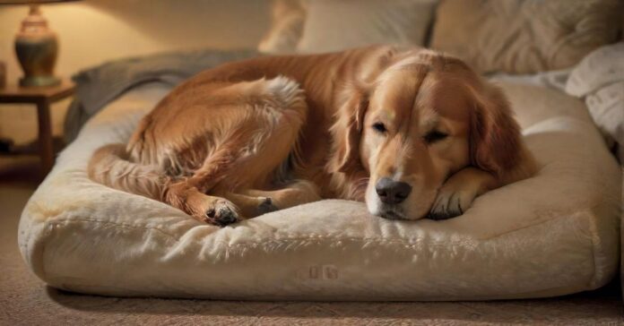Hyperrealistic photograph of a senior golden retriever, deeply asleep and completely relaxed on a plush, thick orthopedic memory foam dog bed. Warm, soft lighting highlights the dog's peaceful expression and the bed's supportive comfort. Cozy home setting. No text or letters.