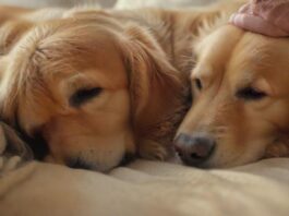 Hyperrealistic close-up of gentle human hands softly petting an elderly, peaceful golden retriever dog resting on a soft, warm blanket. Serene atmosphere, natural light, shallow depth of field, tender moment, comforting embrace. No text, no words, no letters, no discernible writing
