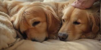 Hyperrealistic close-up of gentle human hands softly petting an elderly, peaceful golden retriever dog resting on a soft, warm blanket. Serene atmosphere, natural light, shallow depth of field, tender moment, comforting embrace. No text, no words, no letters, no discernible writing