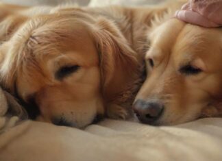 Palliativpflege für Tiere: Liebevolle Begleitung am Lebensende! Hyperrealistic close-up of gentle human hands softly petting an elderly, peaceful golden retriever dog resting on a soft, warm blanket. Serene atmosphere, natural light, shallow depth of field, tender moment, comforting embrace. No text, no words, no letters, no discernible writing