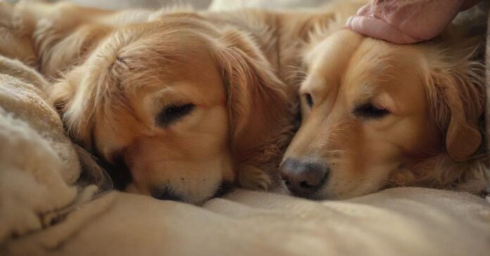 Hyperrealistic close-up of gentle human hands softly petting an elderly, peaceful golden retriever dog resting on a soft, warm blanket. Serene atmosphere, natural light, shallow depth of field, tender moment, comforting embrace. No text, no words, no letters, no discernible writing