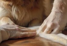 Hyperrealistic close-up of caring human hands expertly applying a pristine self-adhesive white bandage to a Golden Retriever's front paw. The dog's fur is incredibly detailed. Sterile medical supplies, including gauze and disinfectant, are softly blurred in the background on a wooden table. Natural, warm lighting. Photorealistic, no text.