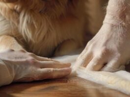 Hyperrealistic close-up of caring human hands expertly applying a pristine self-adhesive white bandage to a Golden Retriever's front paw. The dog's fur is incredibly detailed. Sterile medical supplies, including gauze and disinfectant, are softly blurred in the background on a wooden table. Natural, warm lighting. Photorealistic, no text.