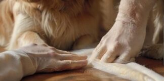 Hyperrealistic close-up of caring human hands expertly applying a pristine self-adhesive white bandage to a Golden Retriever's front paw. The dog's fur is incredibly detailed. Sterile medical supplies, including gauze and disinfectant, are softly blurred in the background on a wooden table. Natural, warm lighting. Photorealistic, no text.