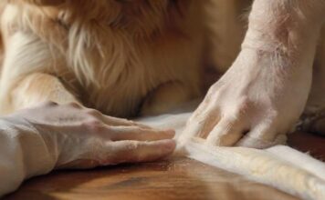 Pfotenverband beim Hund anlegen: Schritt-für-Schritt-Anleitung! Hyperrealistic close-up of caring human hands expertly applying a pristine self-adhesive white bandage to a Golden Retriever's front paw. The dog's fur is incredibly detailed. Sterile medical supplies, including gauze and disinfectant, are softly blurred in the background on a wooden table. Natural, warm lighting. Photorealistic, no text.
