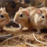 Hyperrealistic close-up of two agile gerbils actively digging and tunneling through deep, naturalistic bedding inside a spacious glass terrarium. Emphasize soft fur, detailed whiskers, bright eyes, and the textures of hay and wood branches. Soft, natural diffused light. Perfect anatomy, no text, no letters, no words, no artifacts.