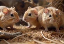 Hyperrealistic close-up of two agile gerbils actively digging and tunneling through deep, naturalistic bedding inside a spacious glass terrarium. Emphasize soft fur, detailed whiskers, bright eyes, and the textures of hay and wood branches. Soft, natural diffused light. Perfect anatomy, no text, no letters, no words, no artifacts.