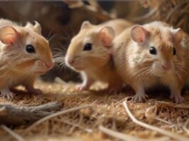 Hyperrealistic close-up of two agile gerbils actively digging and tunneling through deep, naturalistic bedding inside a spacious glass terrarium. Emphasize soft fur, detailed whiskers, bright eyes, and the textures of hay and wood branches. Soft, natural diffused light. Perfect anatomy, no text, no letters, no words, no artifacts.