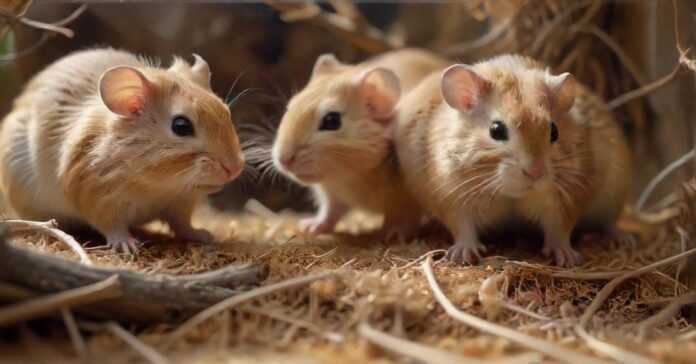 rennmaeuse-artgerecht-halten-der-komplette-ratgeber-20250726-223459.jpg Hyperrealistic close-up of two agile gerbils actively digging and tunneling through deep, naturalistic bedding inside a spacious glass terrarium. Emphasize soft fur, detailed whiskers, bright eyes, and the textures of hay and wood branches. Soft, natural diffused light. Perfect anatomy, no text, no letters, no words, no artifacts.