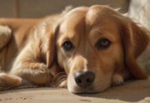Hyperrealistic, photorealistic portrait of a gentle female Golden Retriever dog, resting on a soft, textured blanket in a warm, sunlit living room. Her eyes convey a pensive, natural expression. Focus on intricate fur details, natural shadows, and perfect anatomy. Award-winning pet photography. Absolutely no text, letters, or distortions.