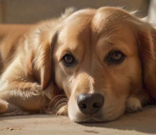 Hyperrealistic, photorealistic portrait of a gentle female Golden Retriever dog, resting on a soft, textured blanket in a warm, sunlit living room. Her eyes convey a pensive, natural expression. Focus on intricate fur details, natural shadows, and perfect anatomy. Award-winning pet photography. Absolutely no text, letters, or distortions.