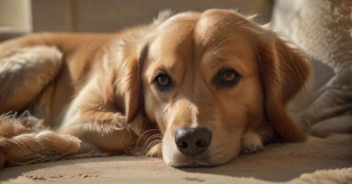 Hyperrealistic, photorealistic portrait of a gentle female Golden Retriever dog, resting on a soft, textured blanket in a warm, sunlit living room. Her eyes convey a pensive, natural expression. Focus on intricate fur details, natural shadows, and perfect anatomy. Award-winning pet photography. Absolutely no text, letters, or distortions.