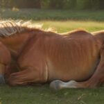 Hyperrealistic photograph of a beautiful, healthy horse peacefully lying stretched out on its side in a lush green meadow, eyes closed in deep sleep. Soft golden hour sunlight bathes the scene, highlighting detailed fur textures. Serene atmosphere, perfect anatomy, no text or letters.